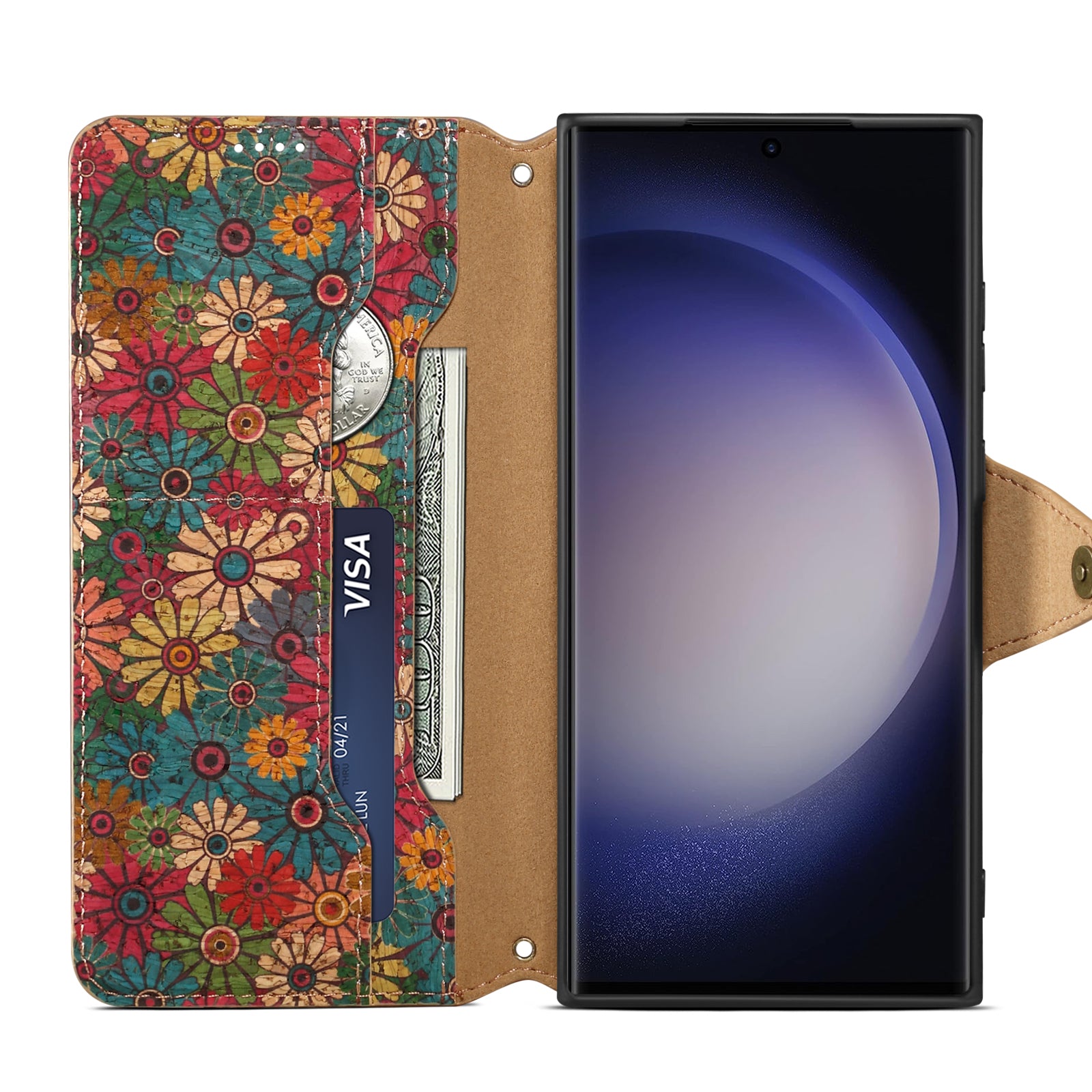 Samsung Flower Language Cork Flip Wallet Stand Leather Phone Case (Green)