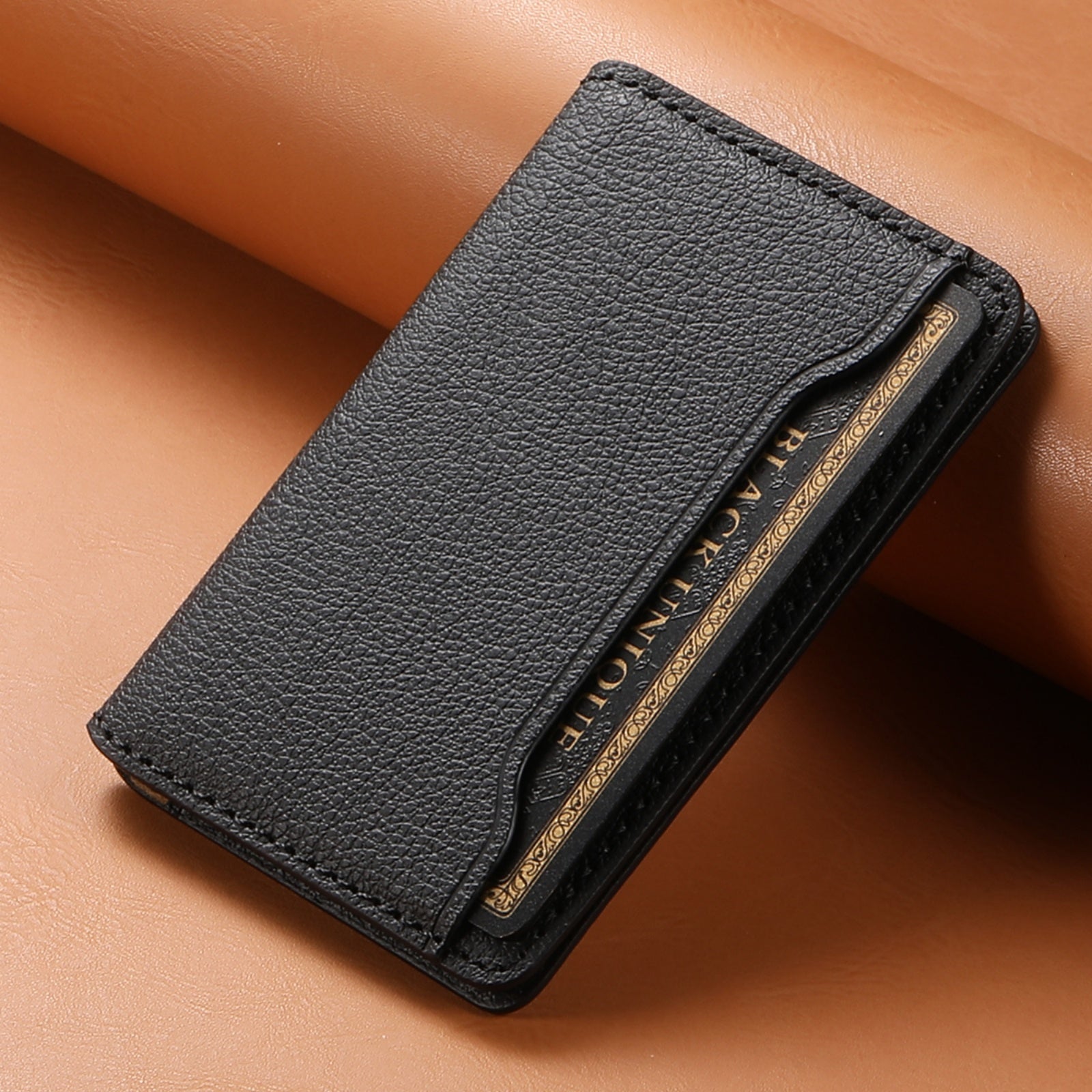 Litchi patterned Leather Bracket Ultra-Thin Credit Card Bag(Black)