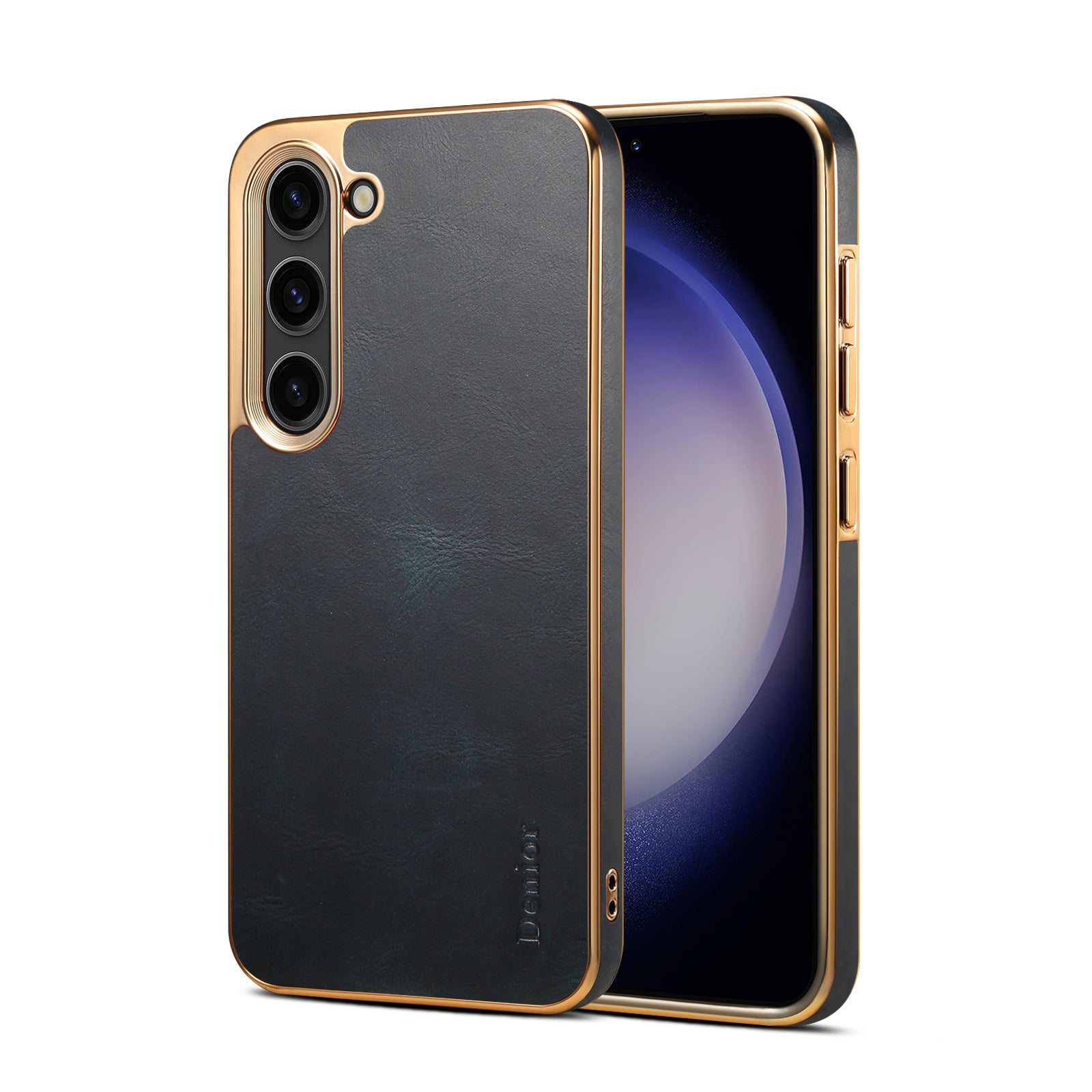 Samsung Top Layer Cowhide Electroplated Border Anti Drop Genuine Leather Phone Caseļ¼Blueļ¼
