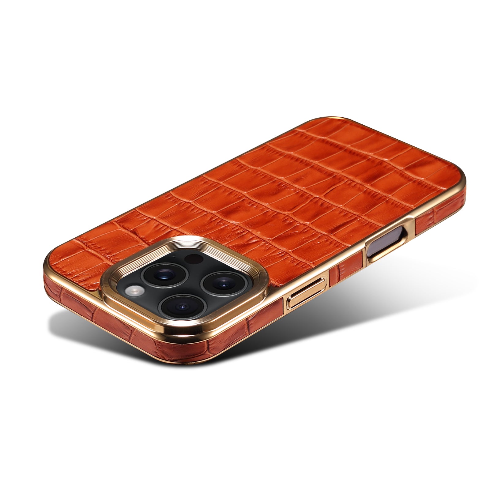 iPhone 16 Series Top Layer Alligator Pattern Cowhide Electroplated Border Anti Drop Genuine Leather Phone Case(Brown)