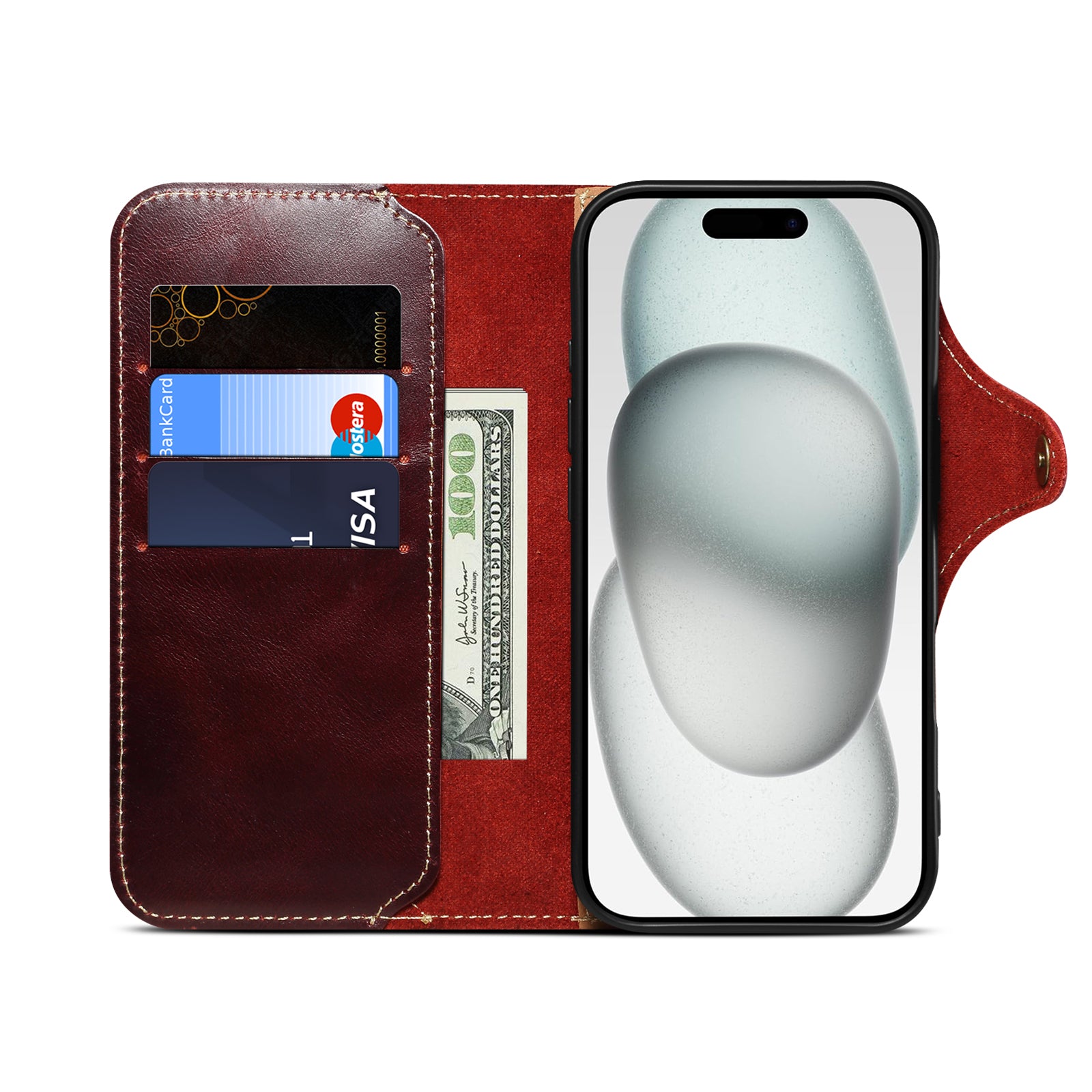 iPhone 17 Series Genuine Leathe Multi Functional Card Insertion Flip Wallet Holder Phone Caseļ¼Redļ¼