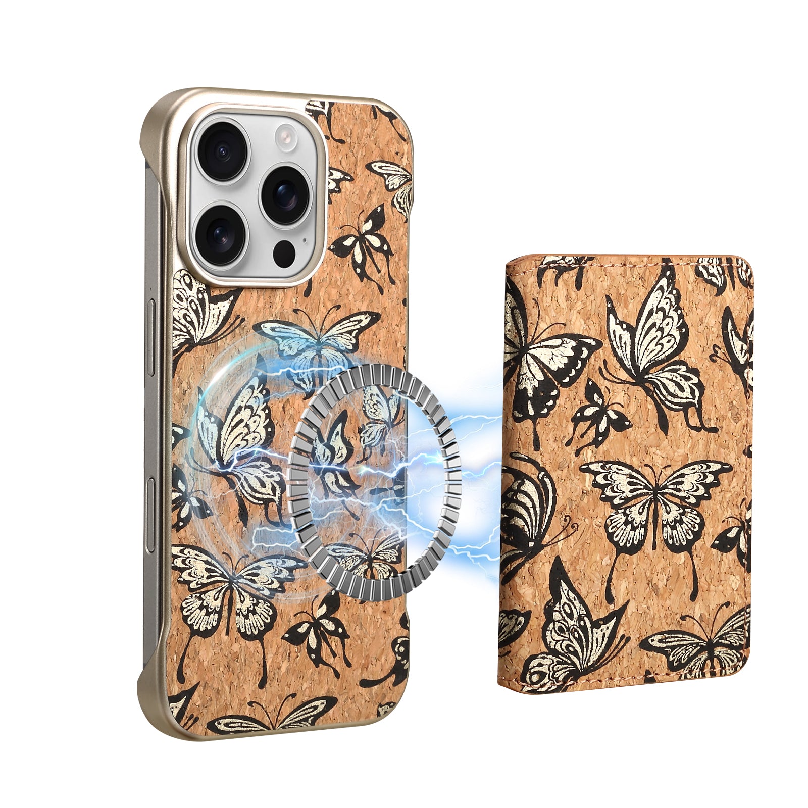 iPhone Series 2IN1 Magnetic Cork Wooden Phone Case & Card Bag(Golden)