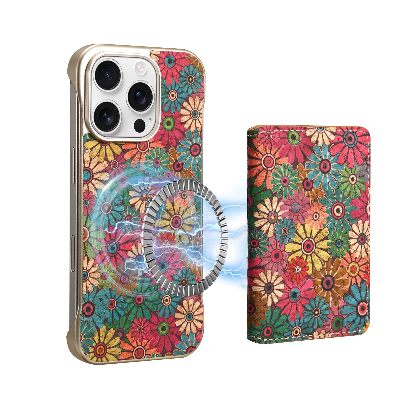 iPhone Series 2IN1 Magnetic Cork Wooden Phone Case & Card Bag(Green)
