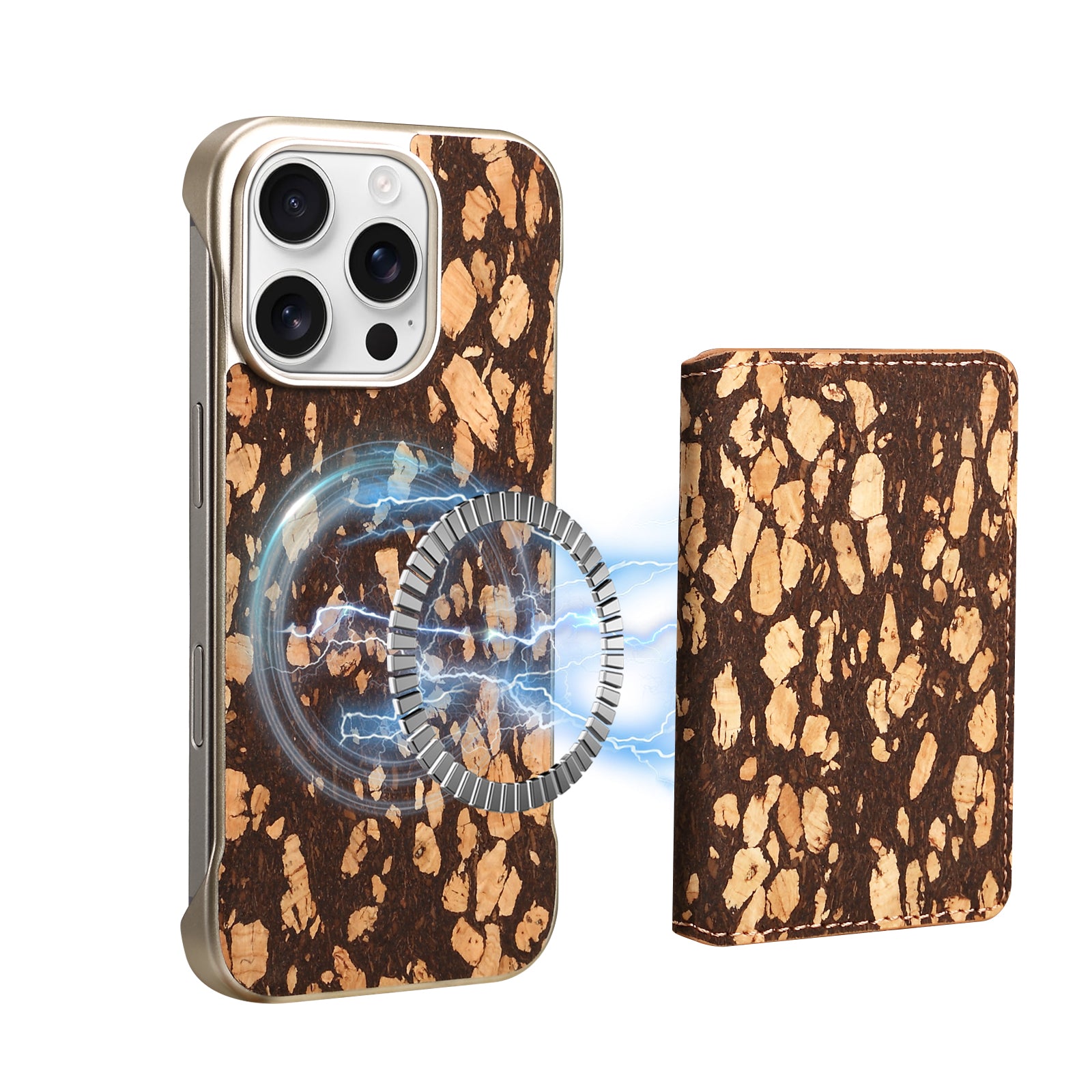 iPhone Series 2IN1 Magnetic Cork Wooden Phone Case & Card Bag(Black)