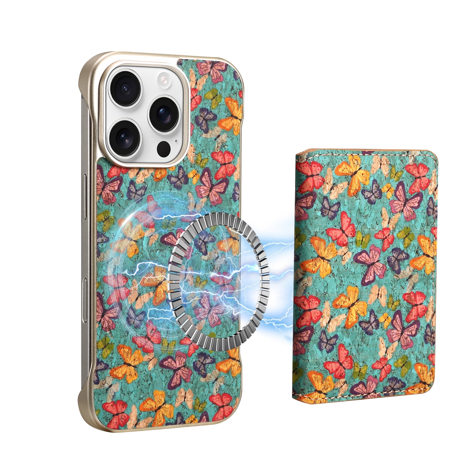 iPhone Series 2IN1 Magnetic Cork Wooden Phone Case & Card Bag(Blue)