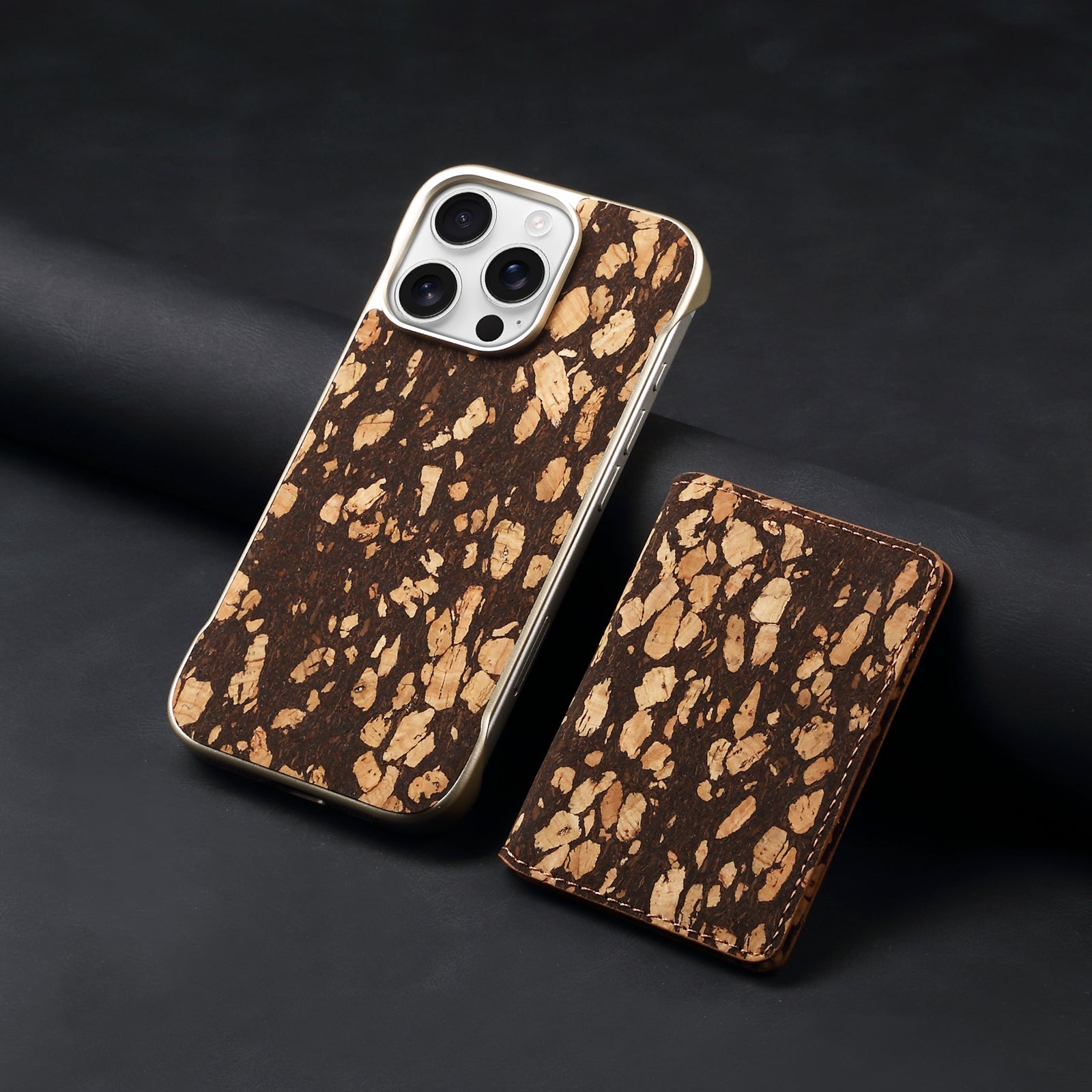 iPhone Series 2IN1 Magnetic Cork Wooden Phone Case & Card Bag(Black)
