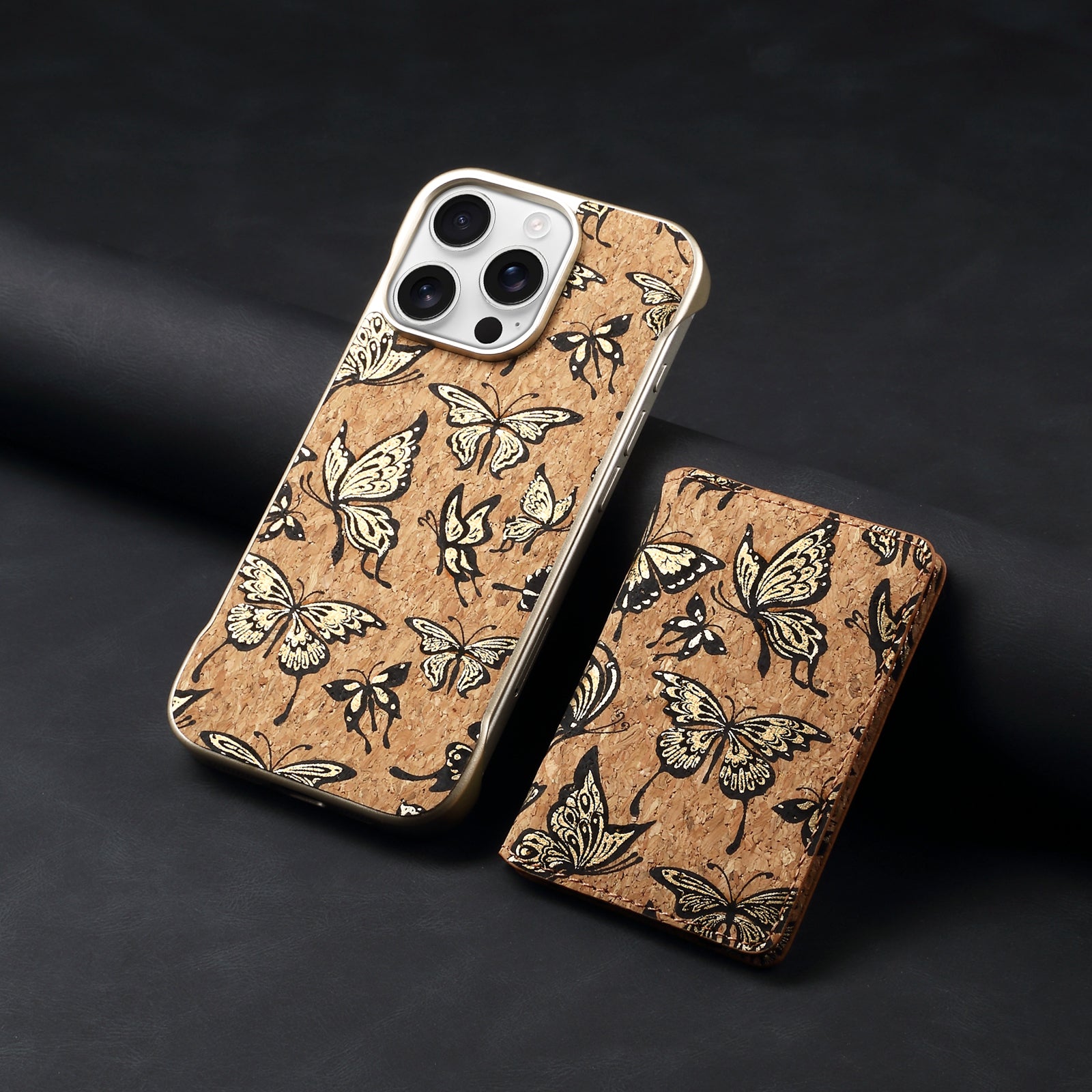 iPhone Series 2IN1 Magnetic Cork Wooden Phone Case & Card Bag(Golden)
