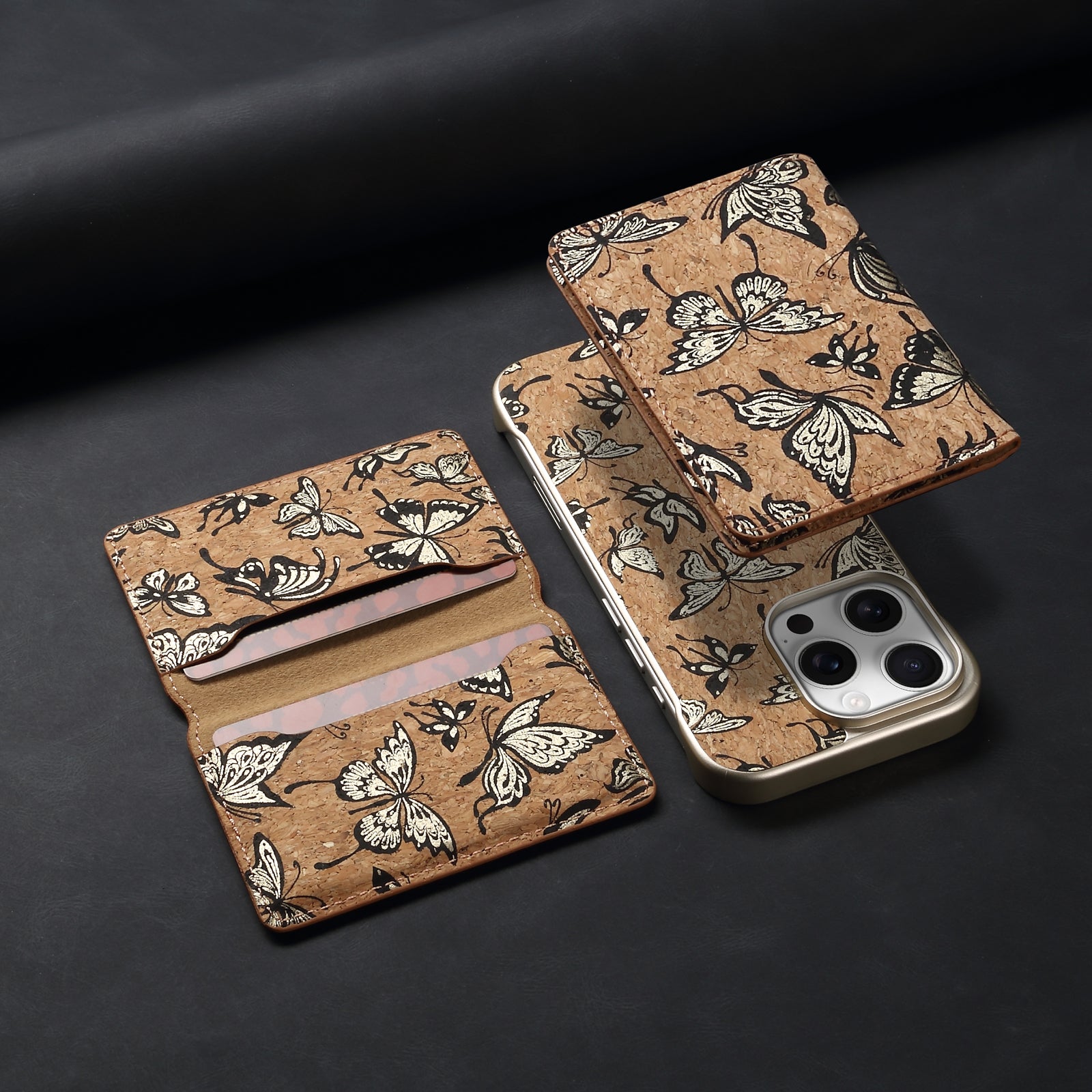 iPhone Series 2IN1 Magnetic Cork Wooden Phone Case & Card Bag(Golden)