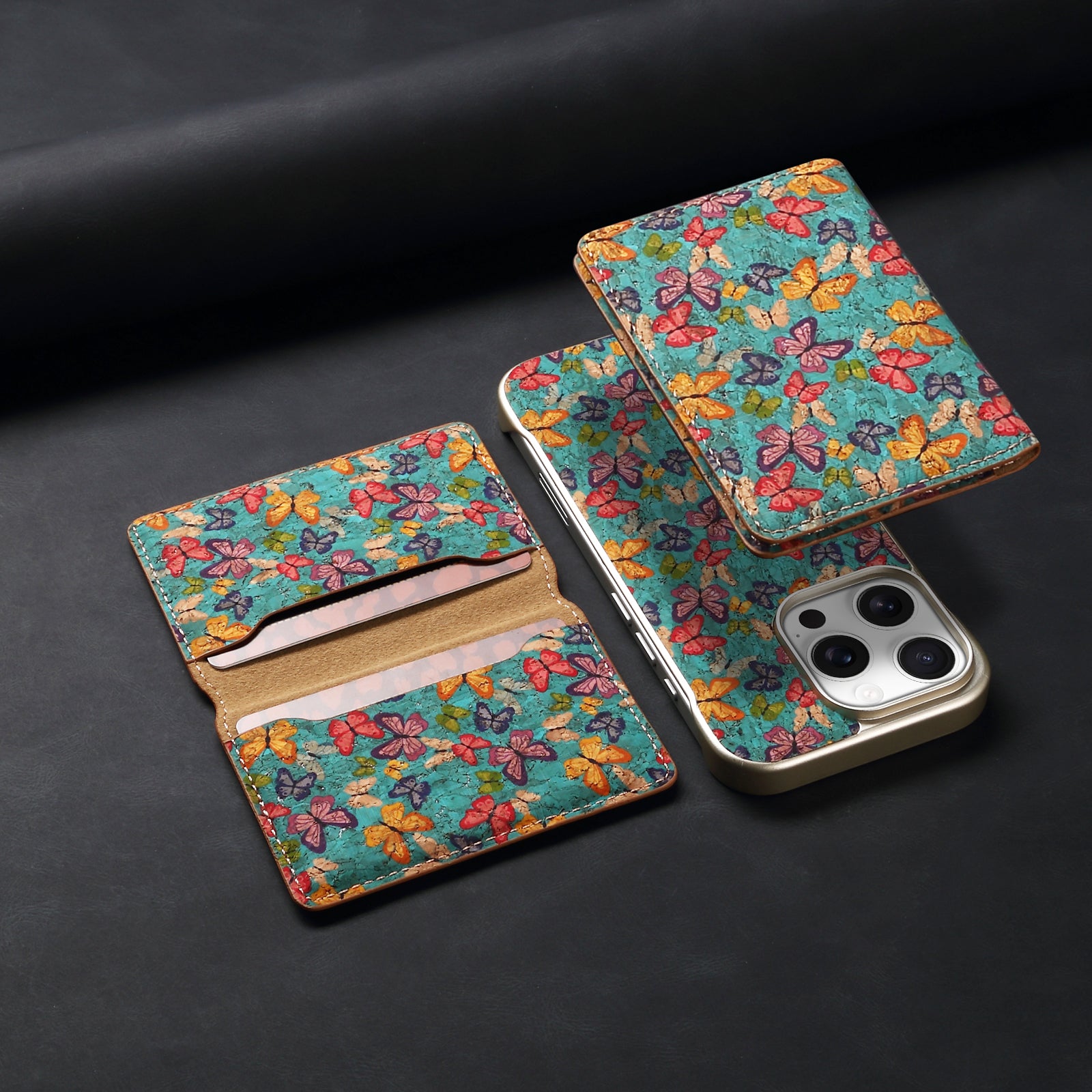 iPhone Series 2IN1 Magnetic Cork Wooden Phone Case & Card Bag(Blue)