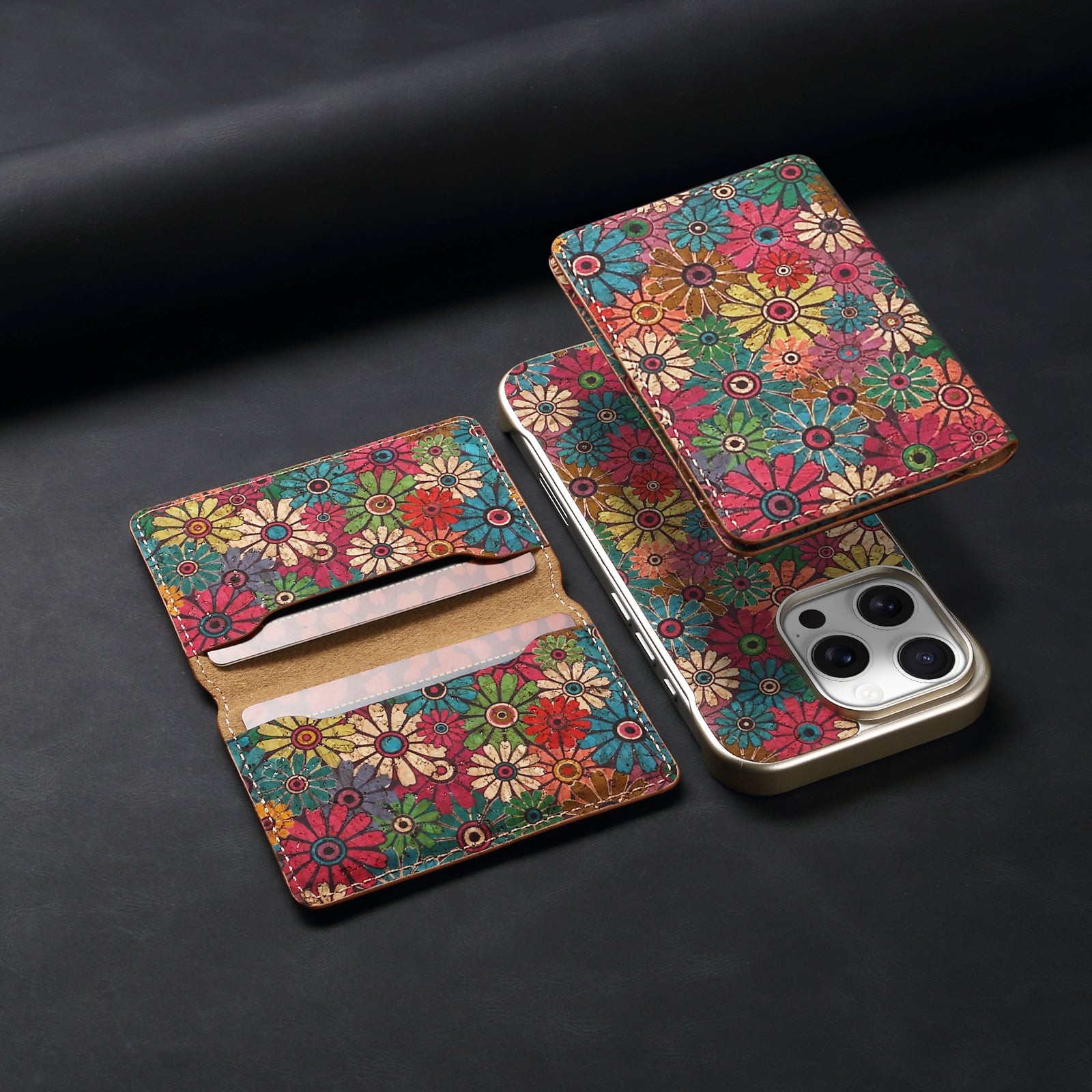 iPhone Series 2IN1 Magnetic Cork Wooden Phone Case & Card Bag(Green)