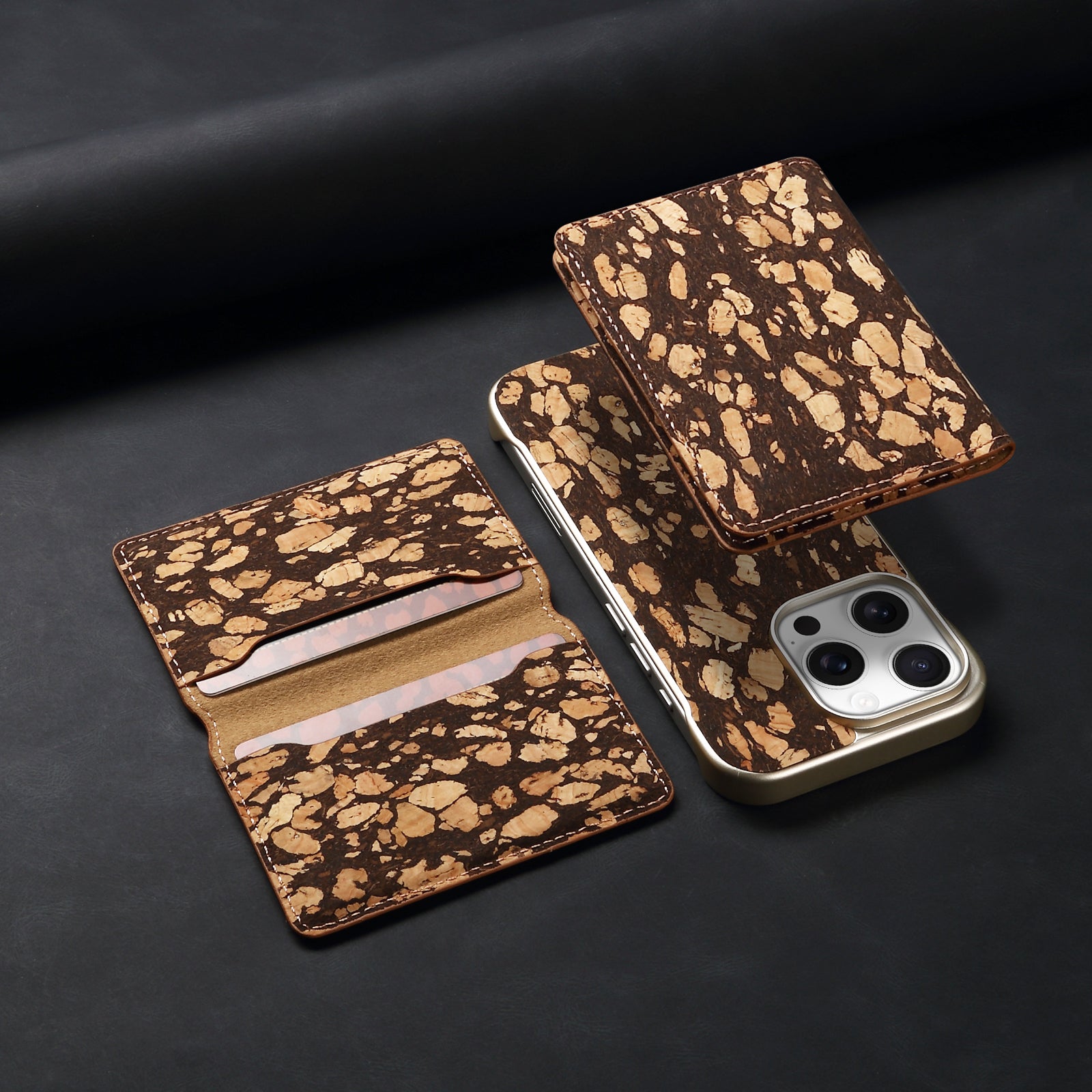 iPhone Series 2IN1 Magnetic Cork Wooden Phone Case & Card Bag(Black)