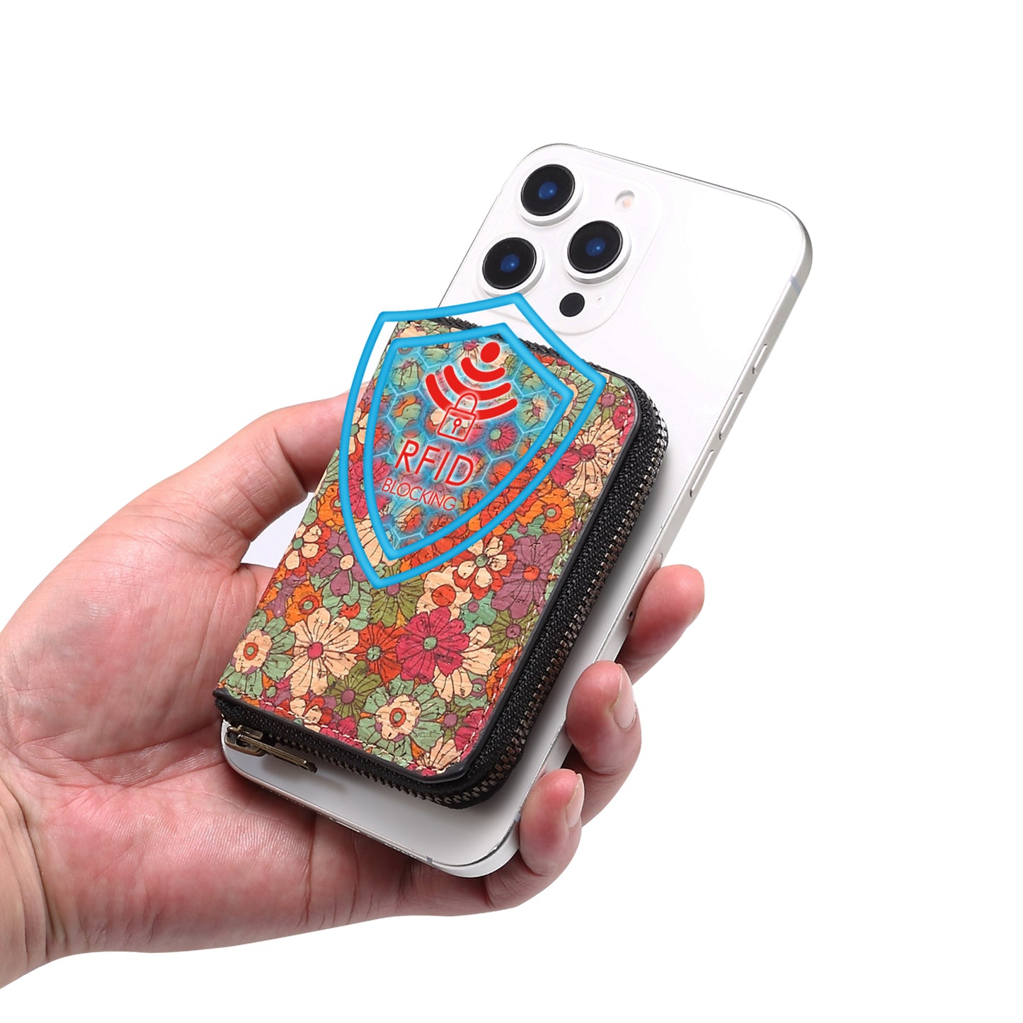Cork Flower Magnetic Zipper Card Holder