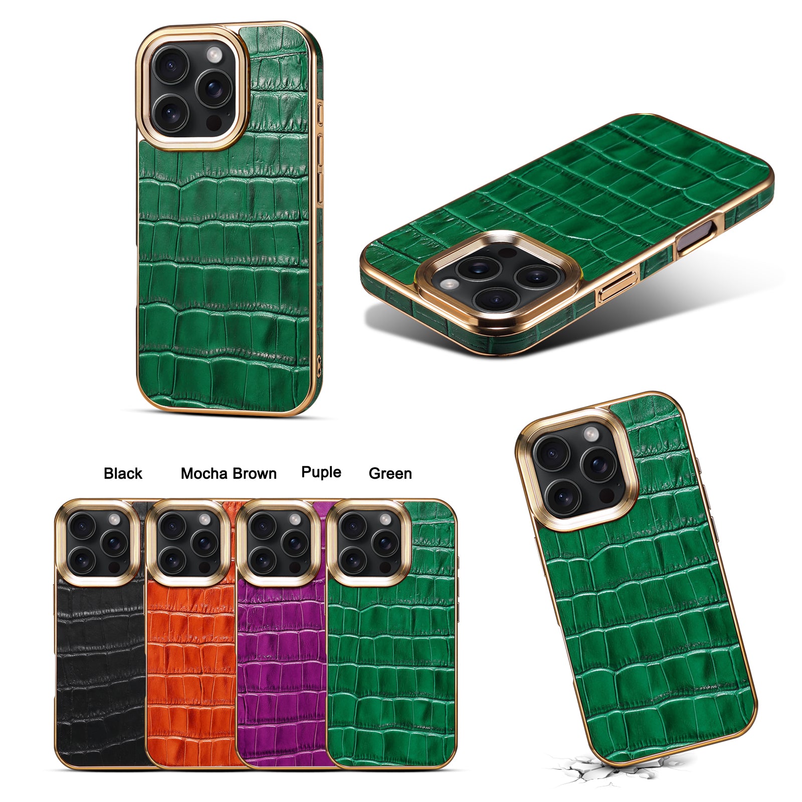 iPhone 16 Series Top Layer Alligator Pattern Cowhide Electroplated Border Anti Drop Genuine Leather Phone Caseļ¼Greenļ¼