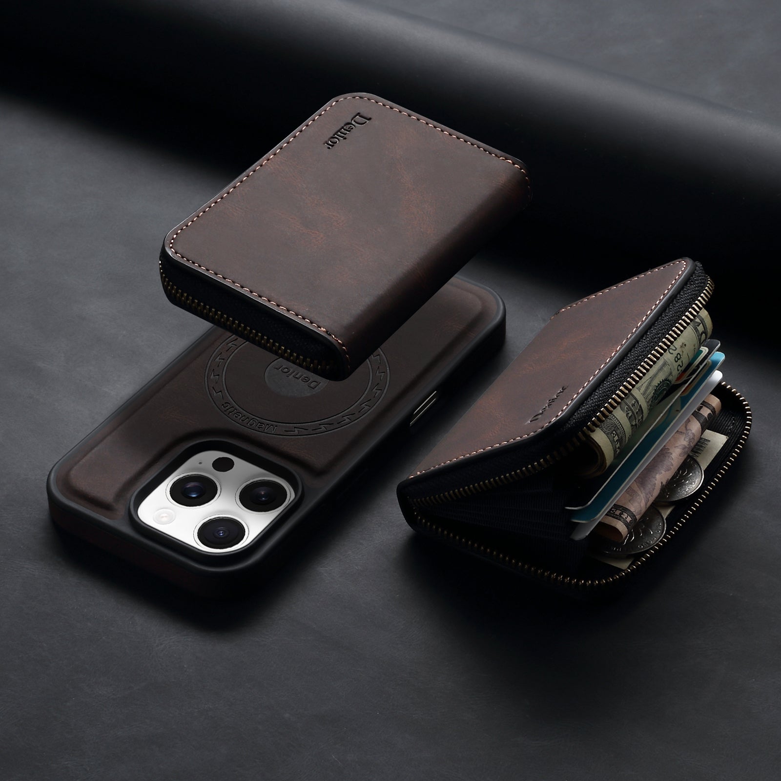 iPhone Series 2IN1 Magnetic Case & RFID Card Bag(Brown)