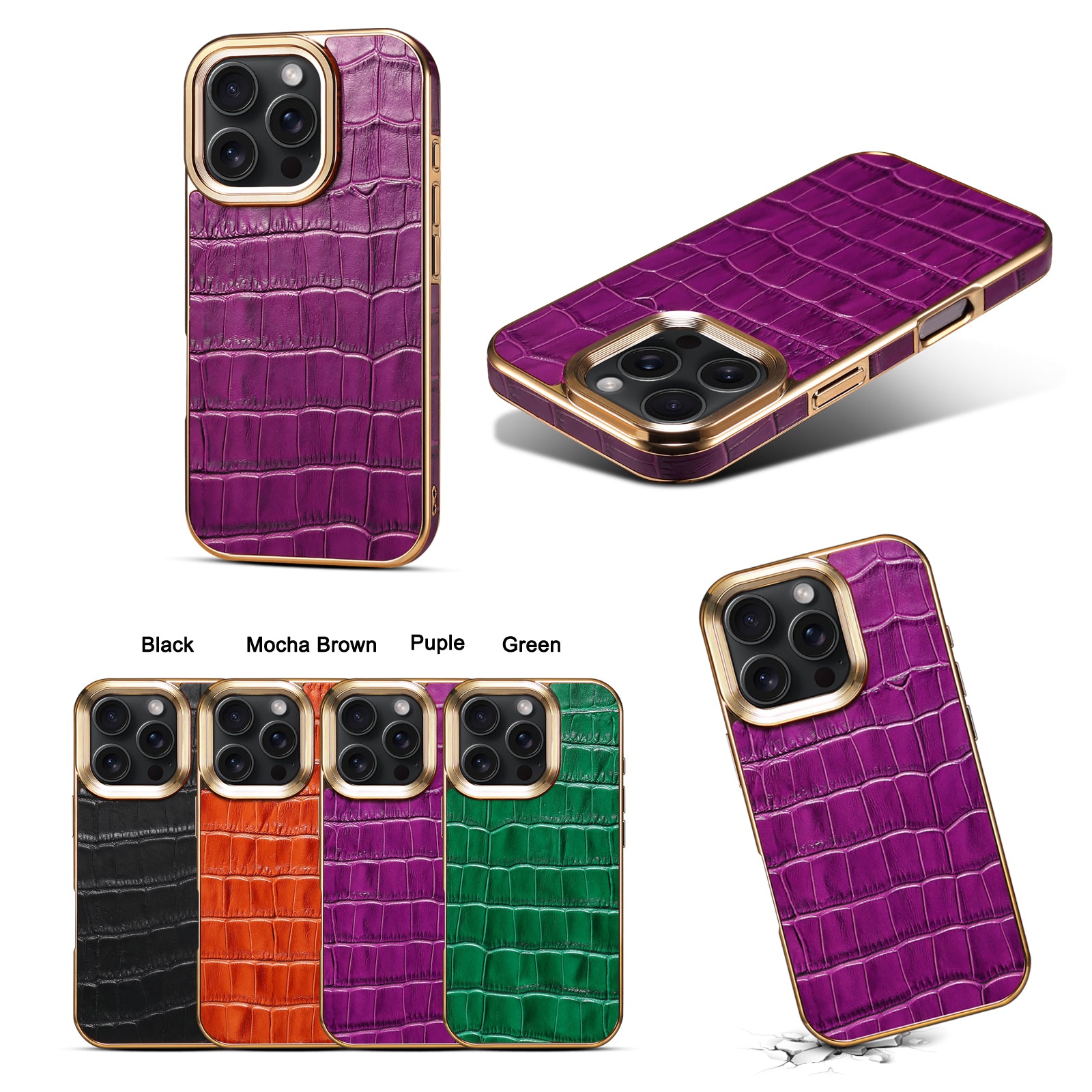 iPhone 16 Series Top Layer Alligator Pattern Cowhide Electroplated Border Anti Drop Genuine Leather Phone Caseļ¼Purpleļ¼