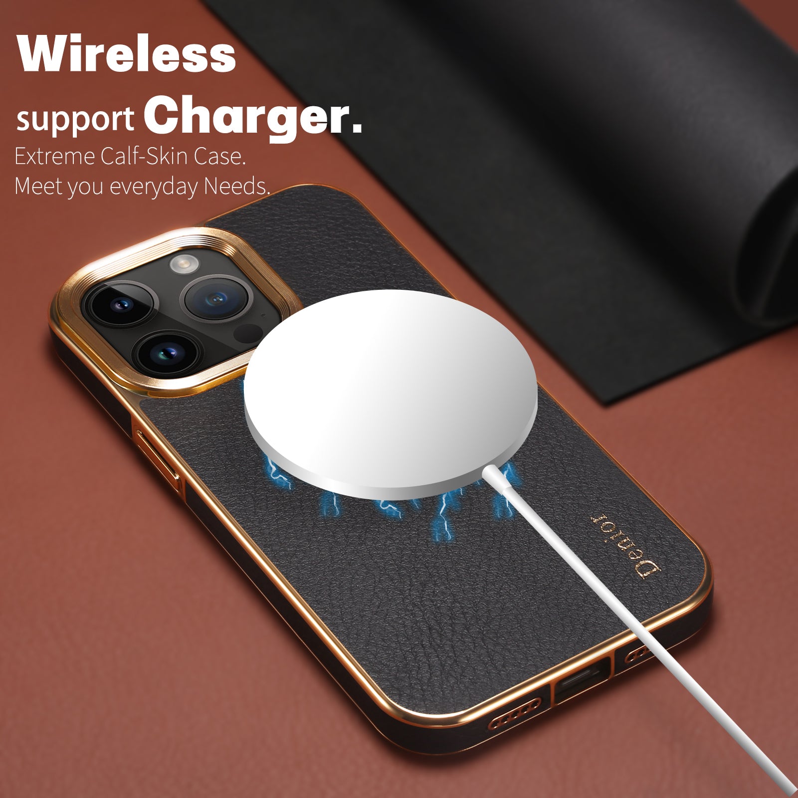 iPhone 16 Series Top Layer Cowhide Electroplated Border Anti Drop Genuine Leather Phone Caseļ¼Blackļ¼