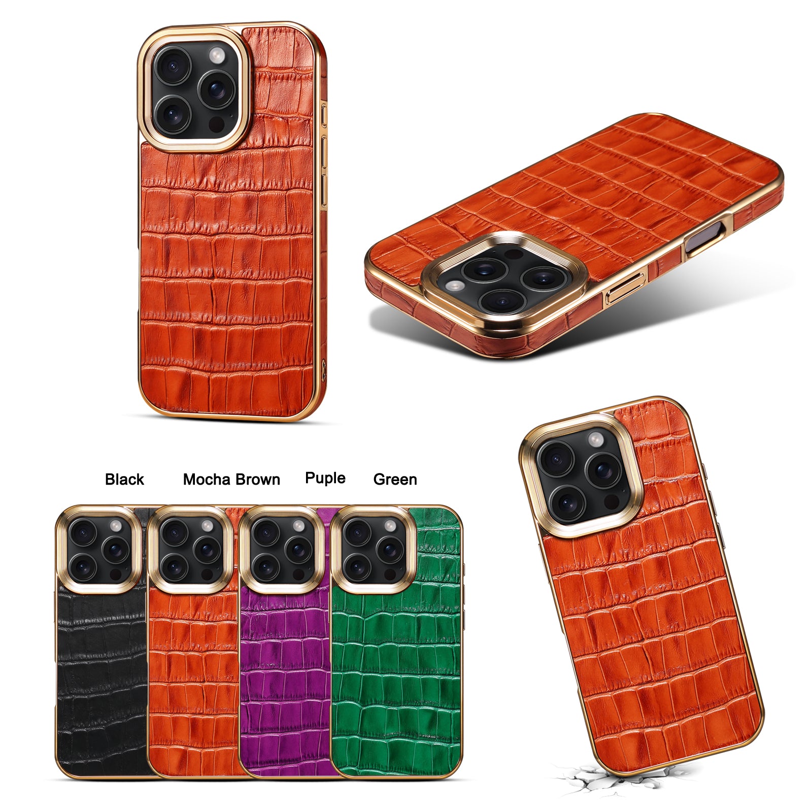 iPhone 16 Series Top Layer Alligator Pattern Cowhide Electroplated Border Anti Drop Genuine Leather Phone Case(Brown)