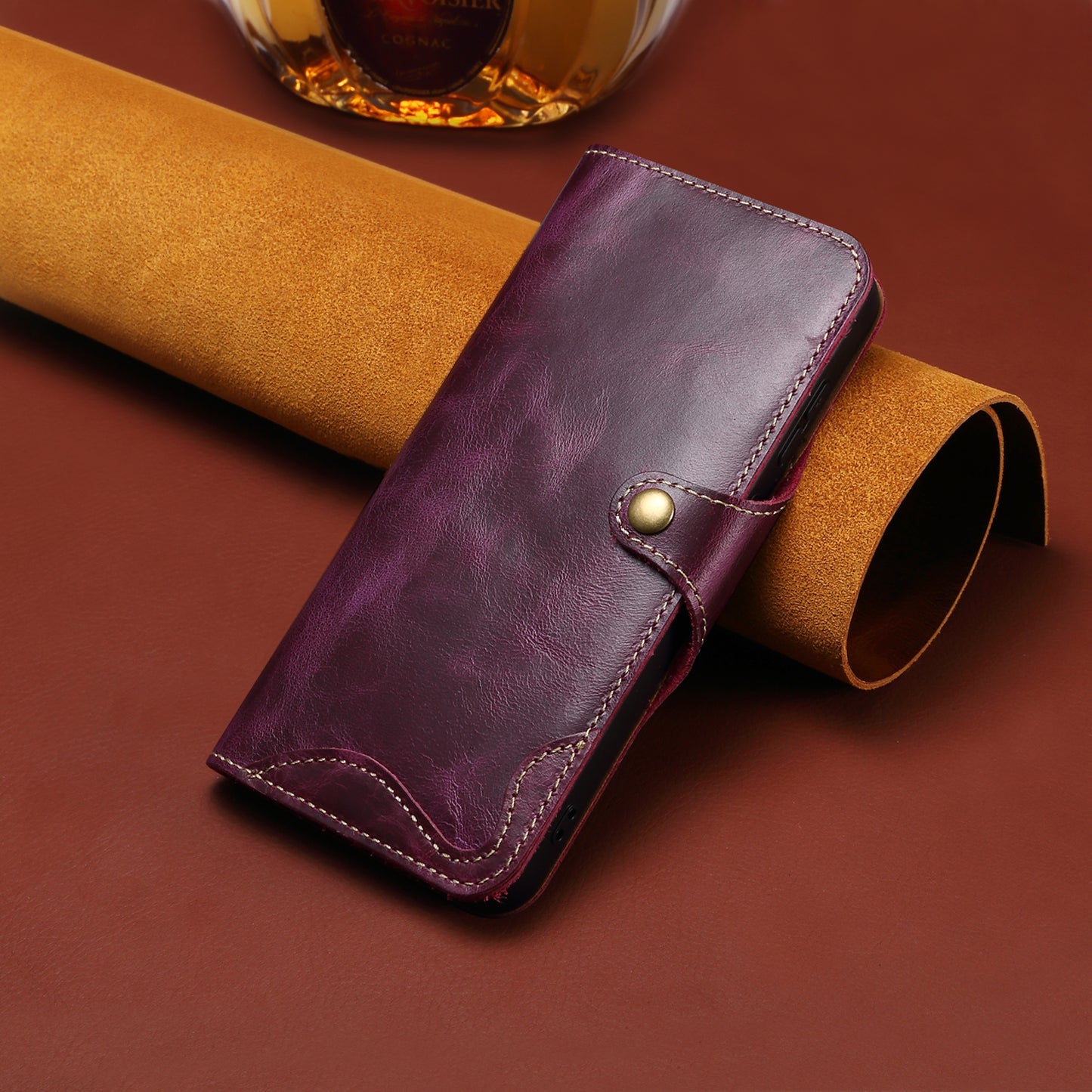 Genuine Oil Wax Cowhide Button Stand Wallet Phone Case