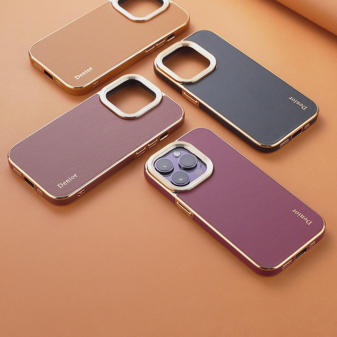 iPhone 16 Series Top Layer Cowhide Electroplated Border Anti Drop Genuine Leather Phone Case(Brown)