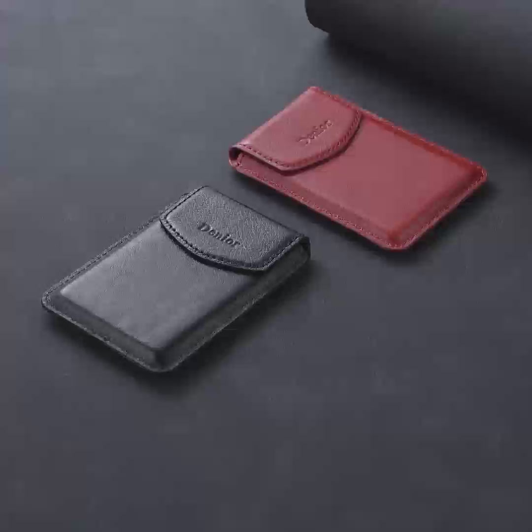 Magnetic Genuine Leather Bracket Credit Card Bag(Black)