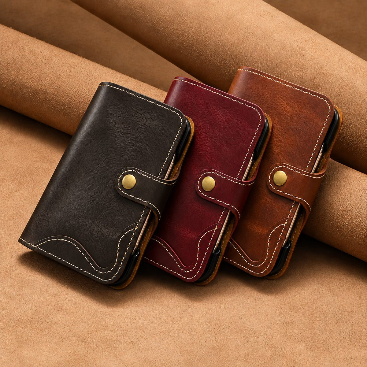 Genuine Leather Retro Oil Wax Cowhide Flip Wallet Phone Case
