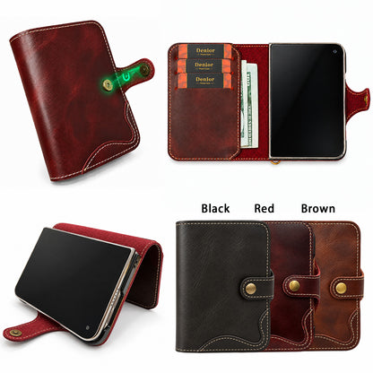Genuine Leather Retro Oil Wax Cowhide Flip Wallet Phone Case
