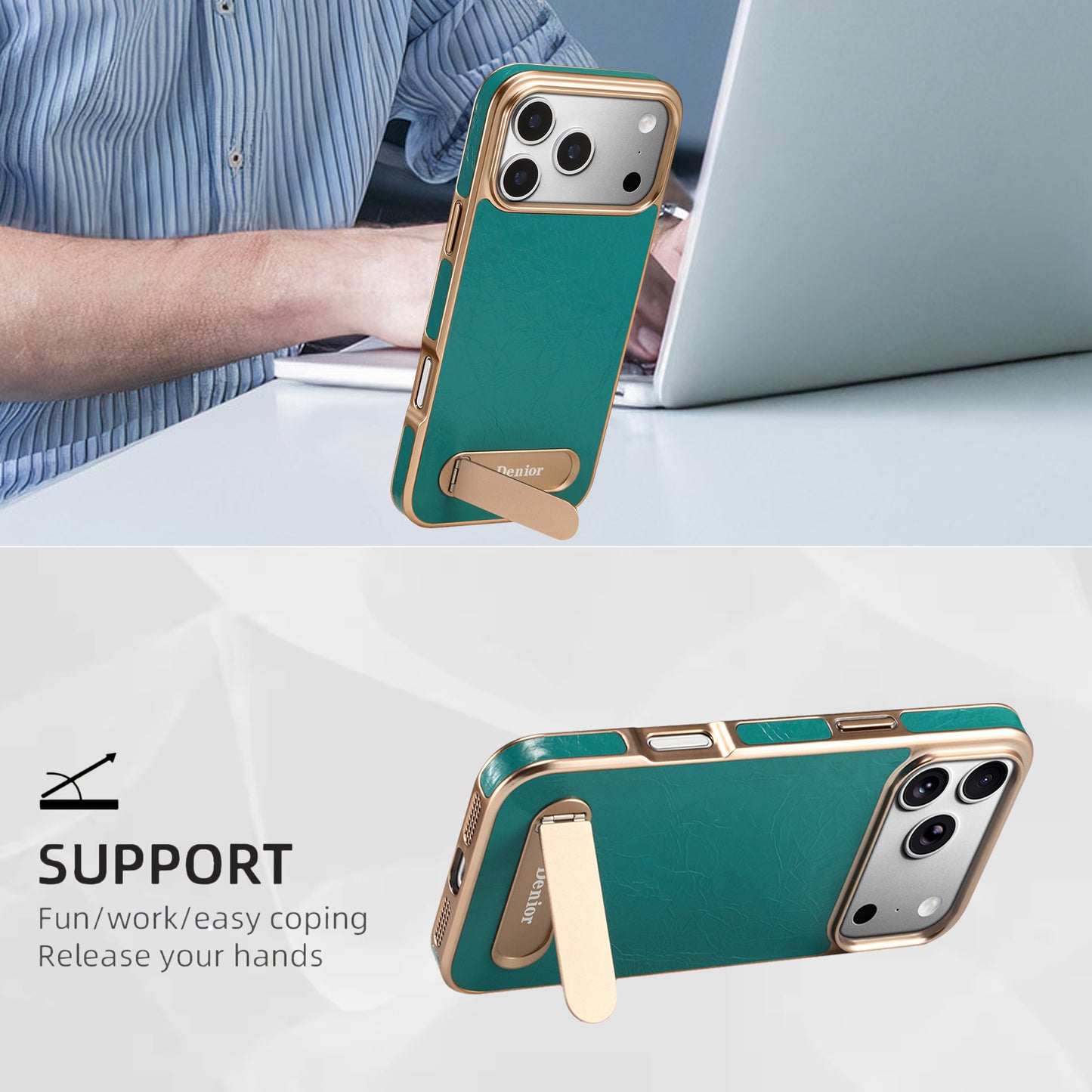 Genuine Leather In-line Stand Magnetic Electroplated Phone Case