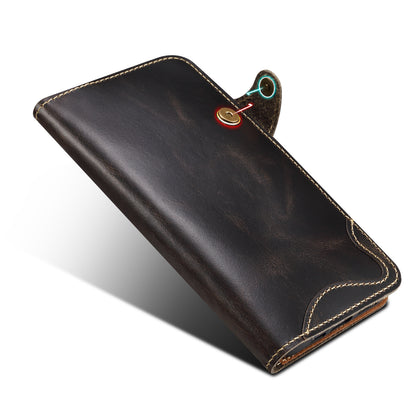 Genuine Oil Wax Cowhide Button Stand Wallet Phone Case