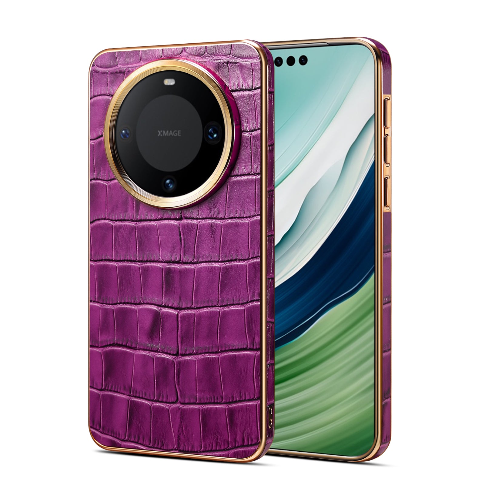 Huawei Series Top Layer Alligator Pattern Cowhide Electroplated Border Anti Drop Genuine Leather Phone Case（Purple）