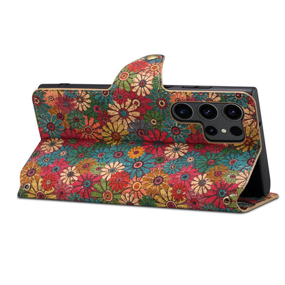 Samsung Flower Language Cork Flip Wallet Stand Leather Phone Case (Green)