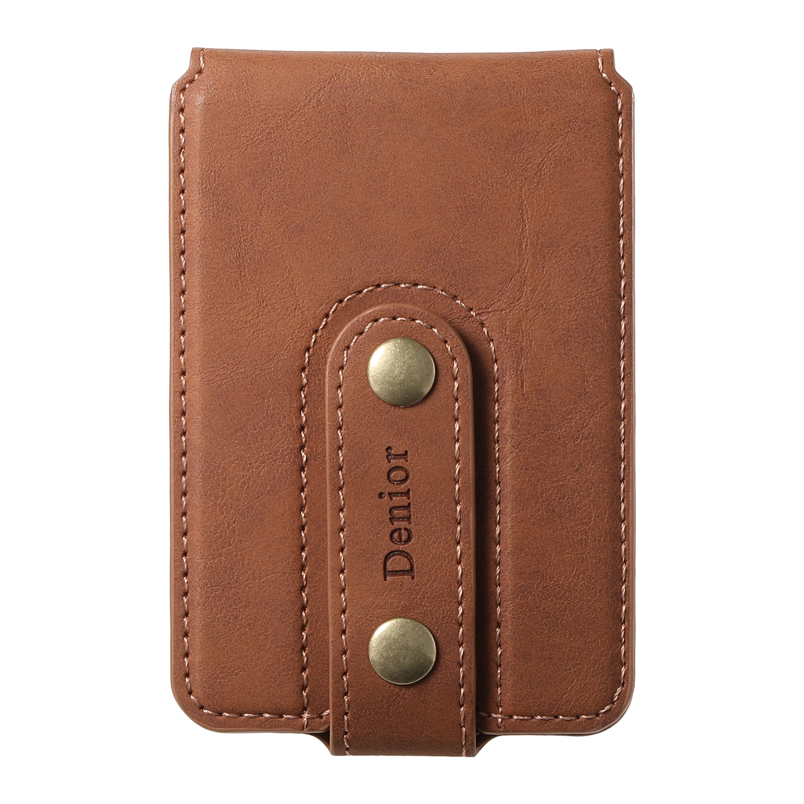 Denior brown leather wallet with brass snap buttons and stitched detailing