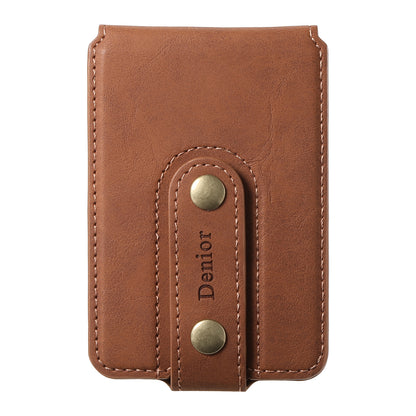Denior brown leather wallet with brass snap buttons and stitched detailing