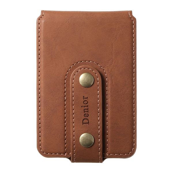 Denior brown leather wallet with brass snap buttons and stitched detailing