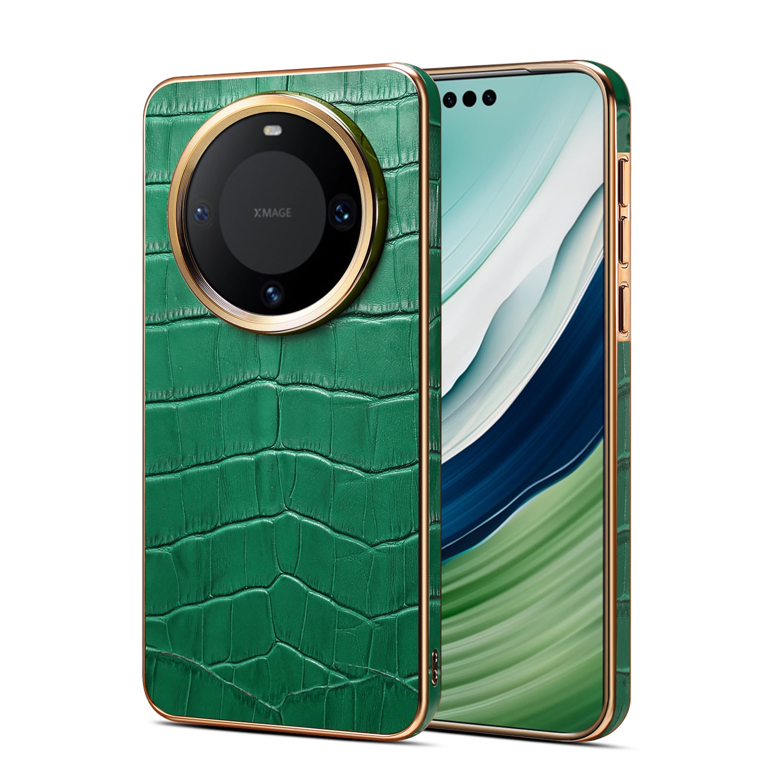 Huawei Series Top Layer Alligator Pattern Cowhide Electroplated Border Anti Drop Genuine Leather Phone Case（Green）