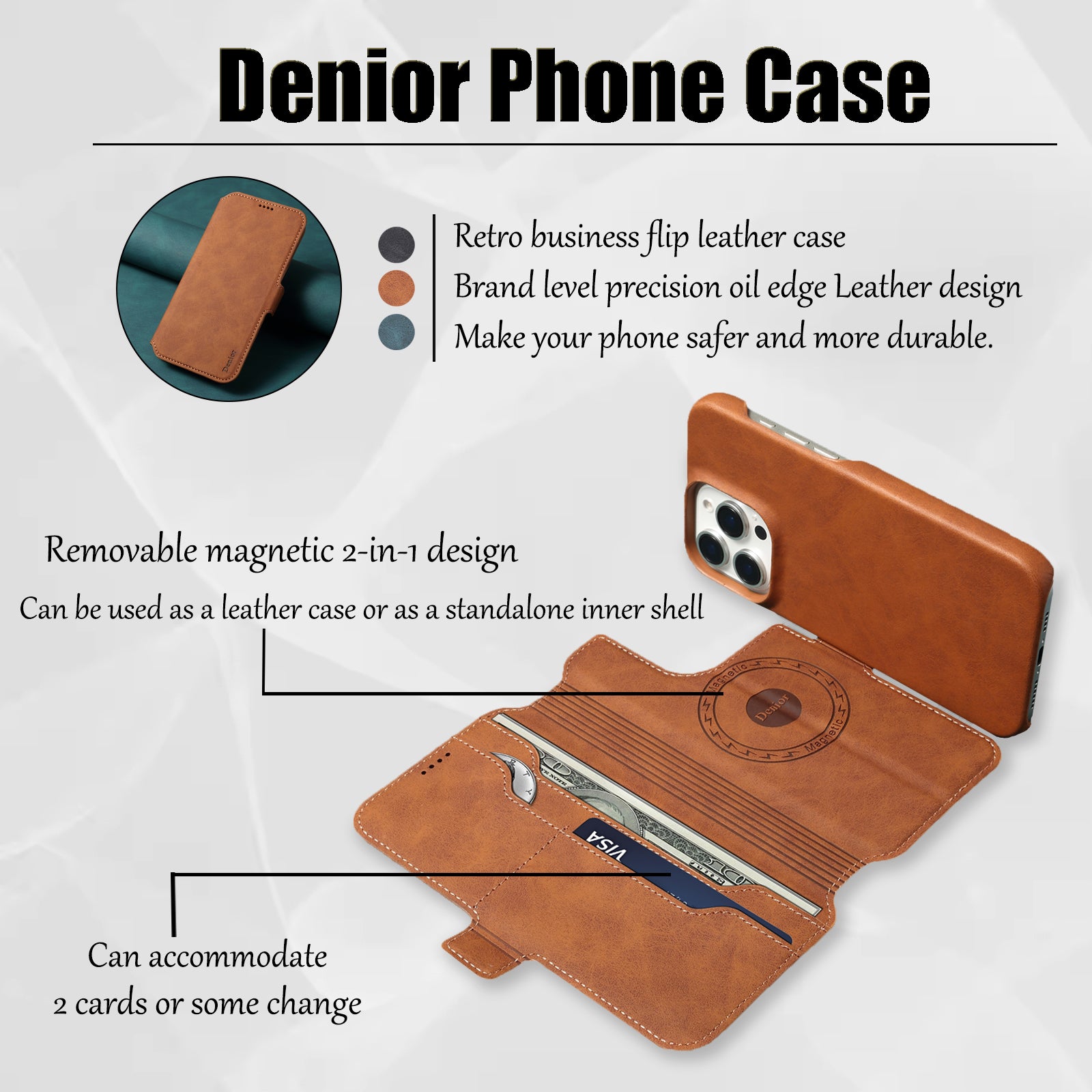 2IN1 Detachable Magnetic iPhone Phone Case & Card Pocket（Brown）
