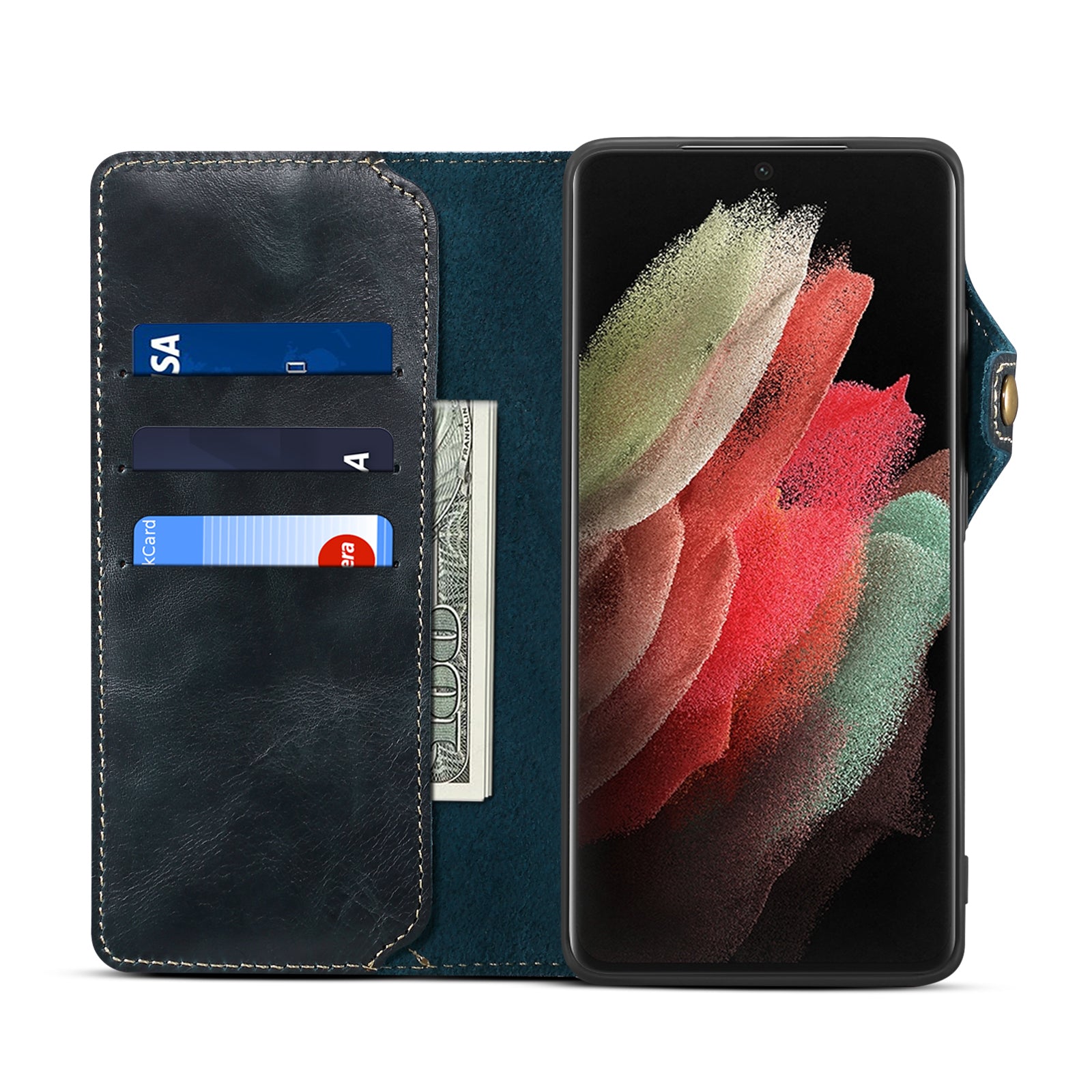 Samsung Galaxy S23/S22/S21 Series Genuine Leathe Multi Functional Card Insertion Flip Wallet Holder Phone Case（Blue）