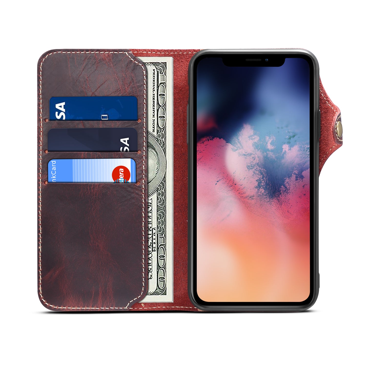 iPhone 13/12 Min/11/7/8 Plus/Xs Max Series Genuine Leathe Multi Functional Card Insertion Flip Wallet Holder Phone Case（Red）
