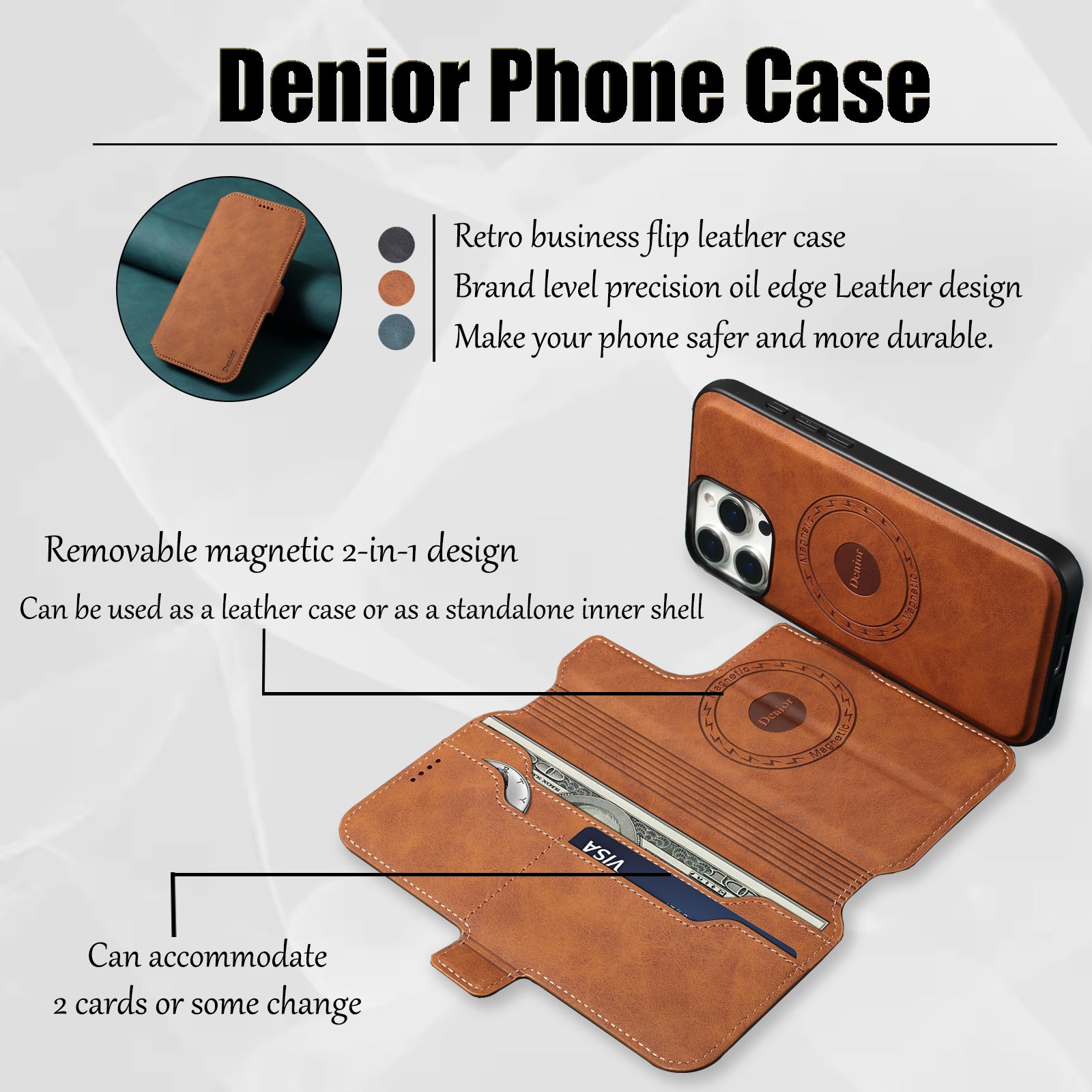 2IN1 Detachable Magnetic iPhone Phone Case & Card Pocket（Brown）