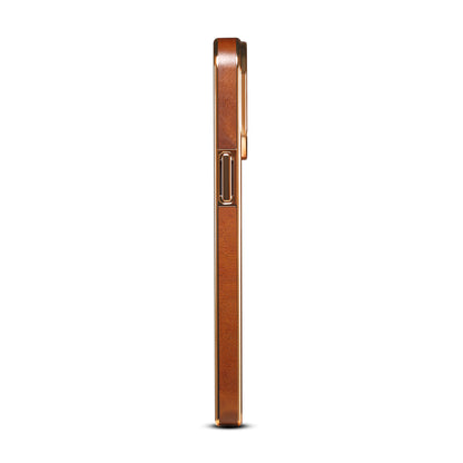 iPhone Top Layer Cowhide Electroplated Border Anti Drop Genuine Leather Phone Case（Brown）