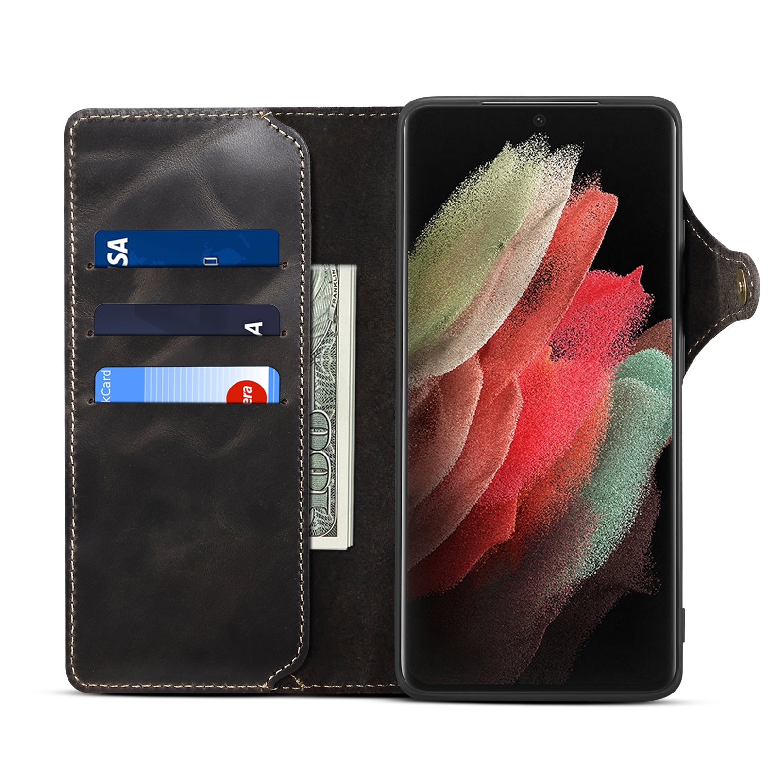 Samsung Galaxy S24/S25 Series Genuine Leathe Multi Functional Card Insertion Flip Wallet Holder Phone Case（Black）