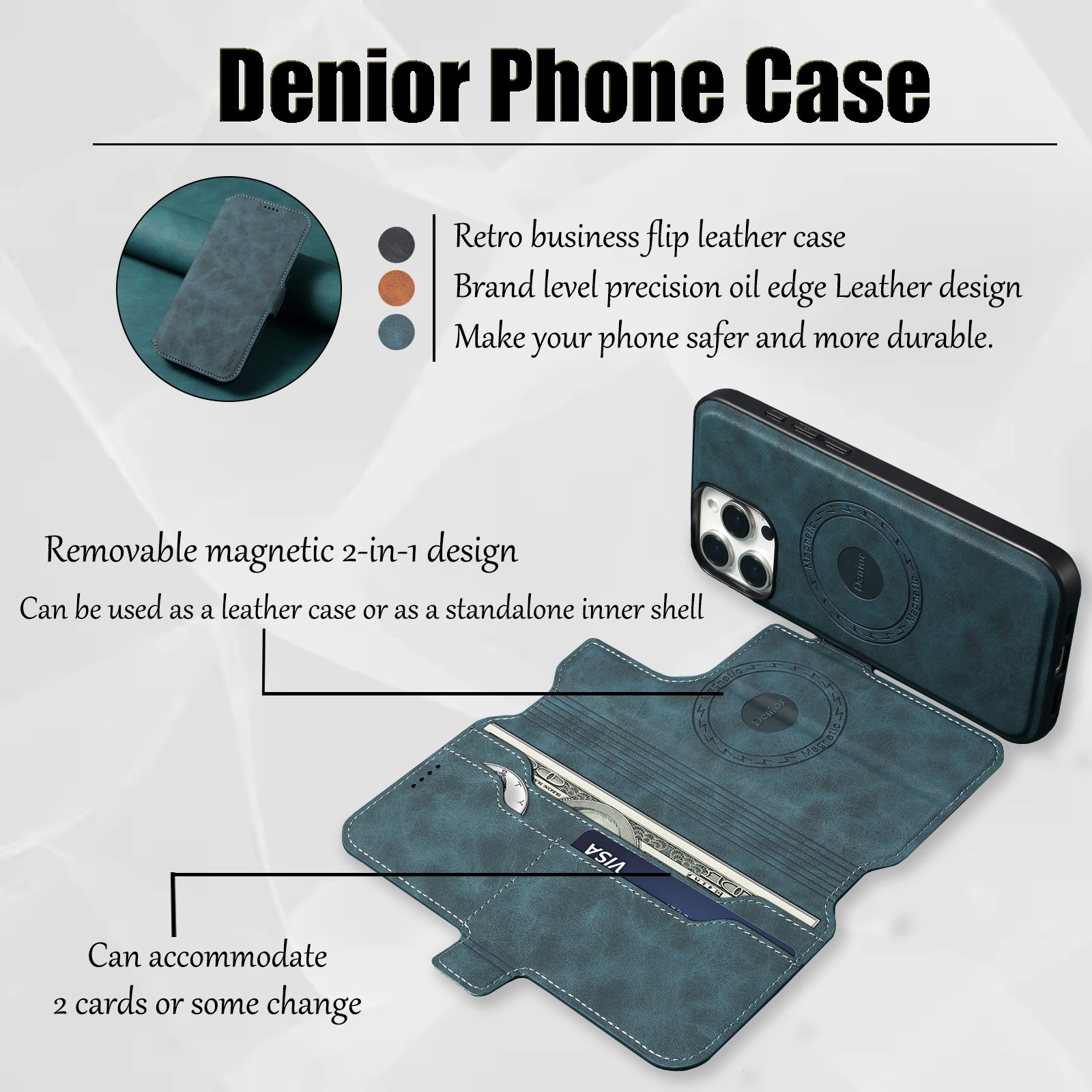 2IN1 Detachable Magnetic iPhone Phone Case & Card Pocket（Blue）