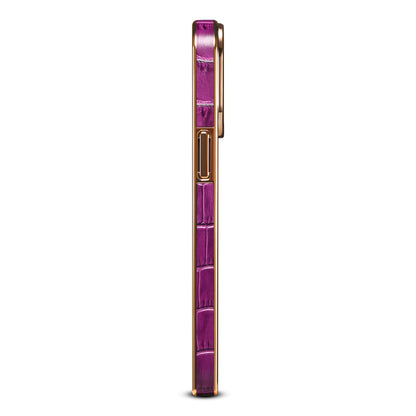 iPhone 15/14/13/12 Series Top Layer Alligator Pattern Cowhide Electroplated Border Anti Drop Genuine Leather Phone Case（Purple）