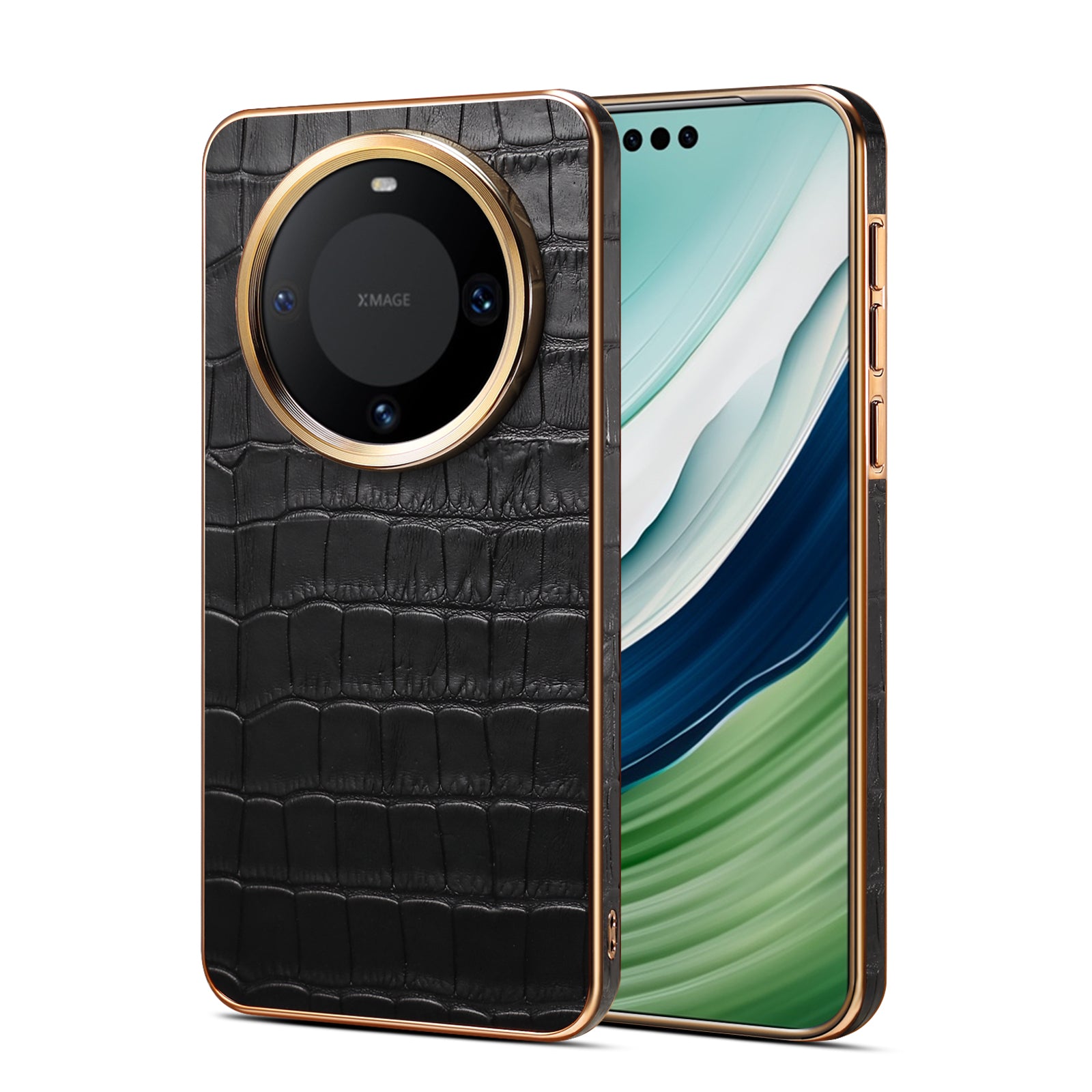 Huawei Series Top Layer Alligator Pattern Cowhide Electroplated Border Anti Drop Genuine Leather Phone Case（Black）