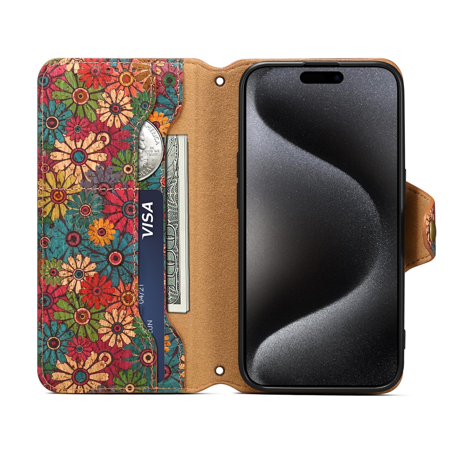 Cork Printed Button Stand Wallet Phone Case