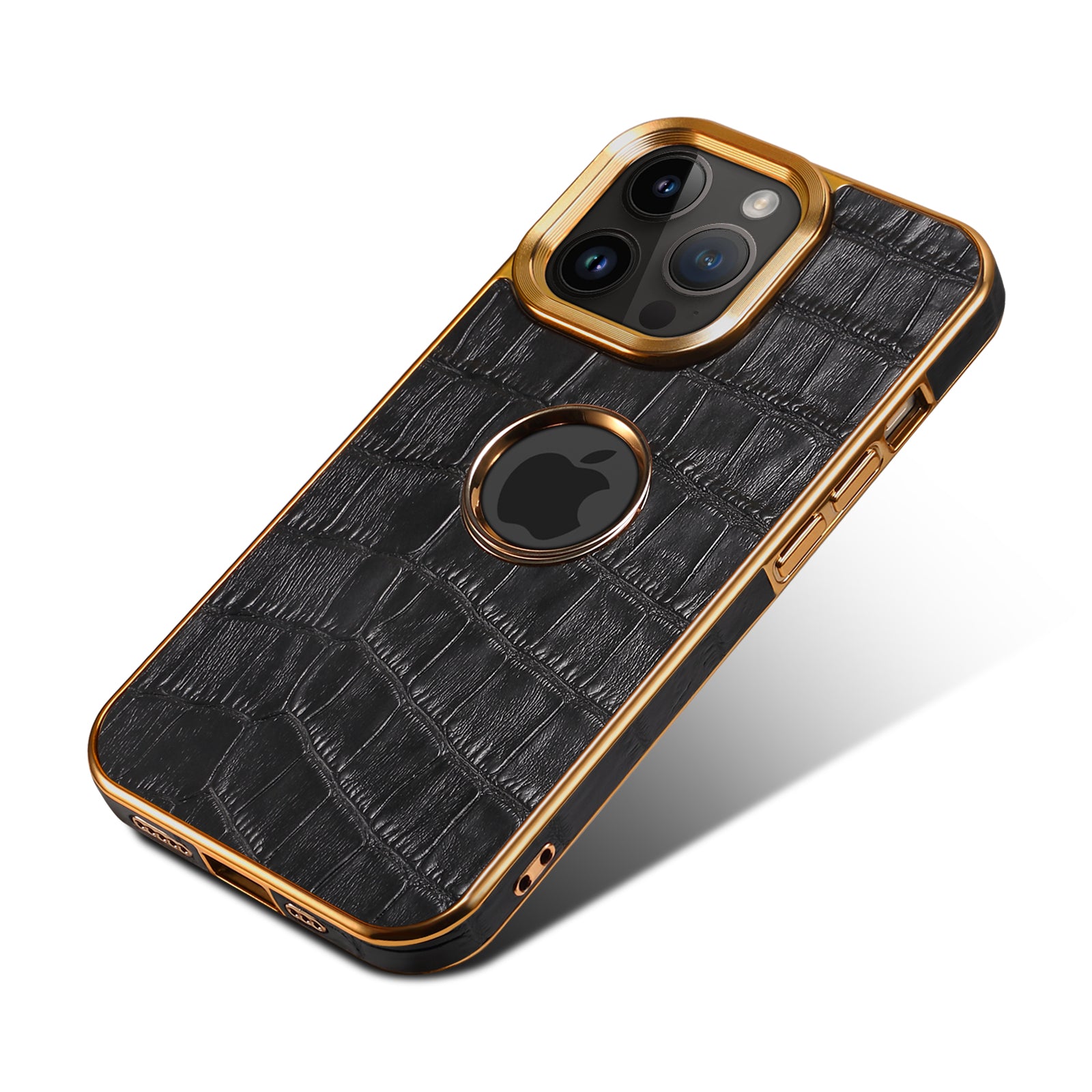 iPhone 15/14/13/12 Series Top Layer Alligator Pattern Cowhide Electroplated Border Anti Drop Genuine Leather Phone Case（Black）
