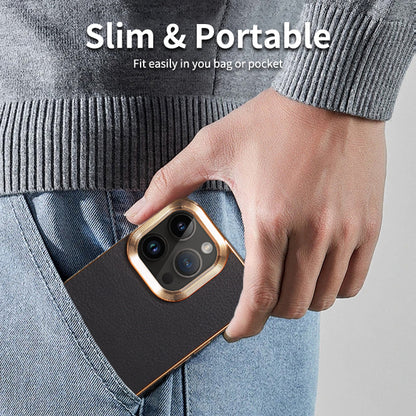 iPhone 15-12 Series Top Layer Cowhide Electroplated Border Anti Drop Genuine Leather Phone Case（Black）