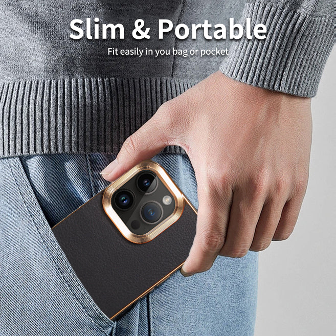 iPhone 15-12 Series Top Layer Cowhide Electroplated Border Anti Drop Genuine Leather Phone Case（Black）