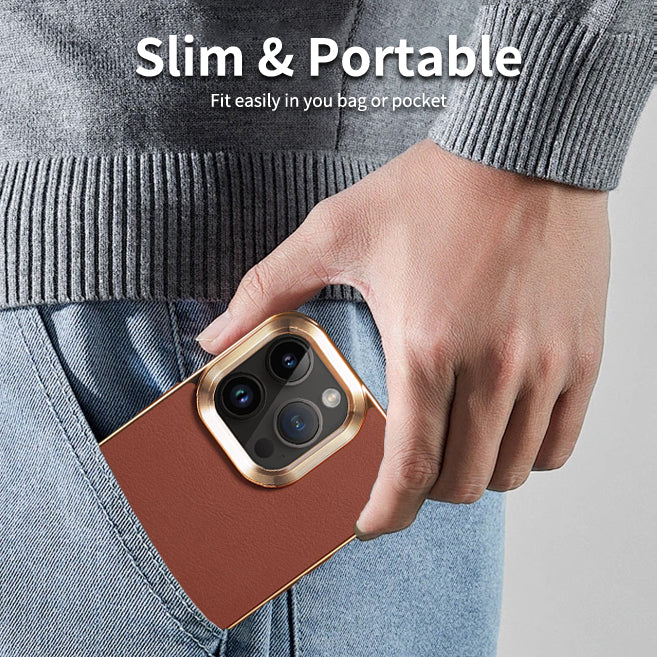 iPhone 15-12 Series Top Layer Cowhide Electroplated Border Anti Drop Genuine Leather Phone Case（Brown）