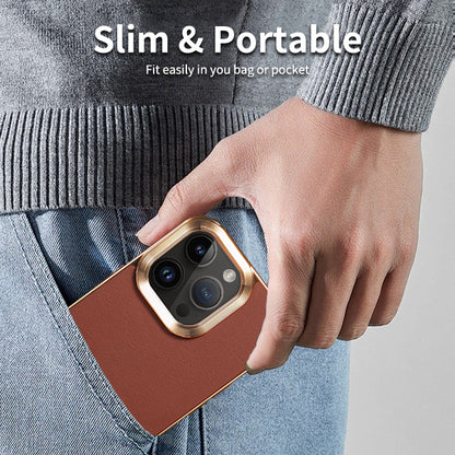 iPhone 16 Series Top Layer Cowhide Electroplated Border Anti Drop Genuine Leather Phone Case（Brown）