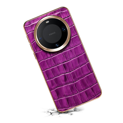 Huawei Series Top Layer Alligator Pattern Cowhide Electroplated Border Anti Drop Genuine Leather Phone Case（Purple）
